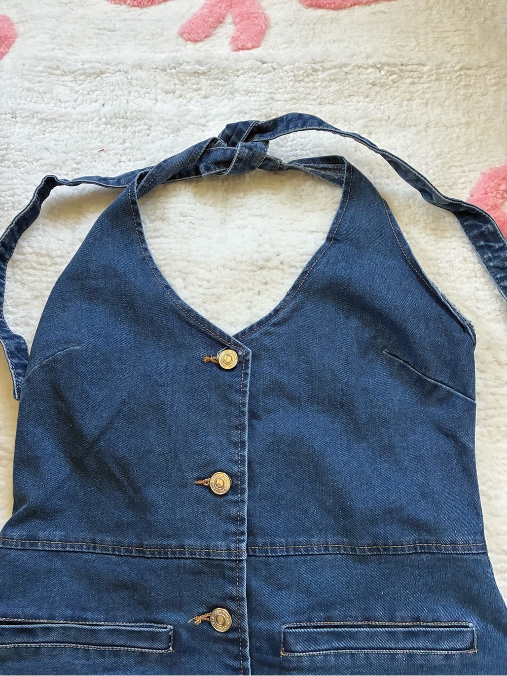 NWT Altar’d State Denim Halter Mini Dress Gold Button Size Small - Picture 3 of 6